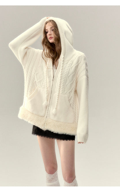 Off-white &amp; Khaki Twisted Knit Hooded Sweater - CHINASQUAD