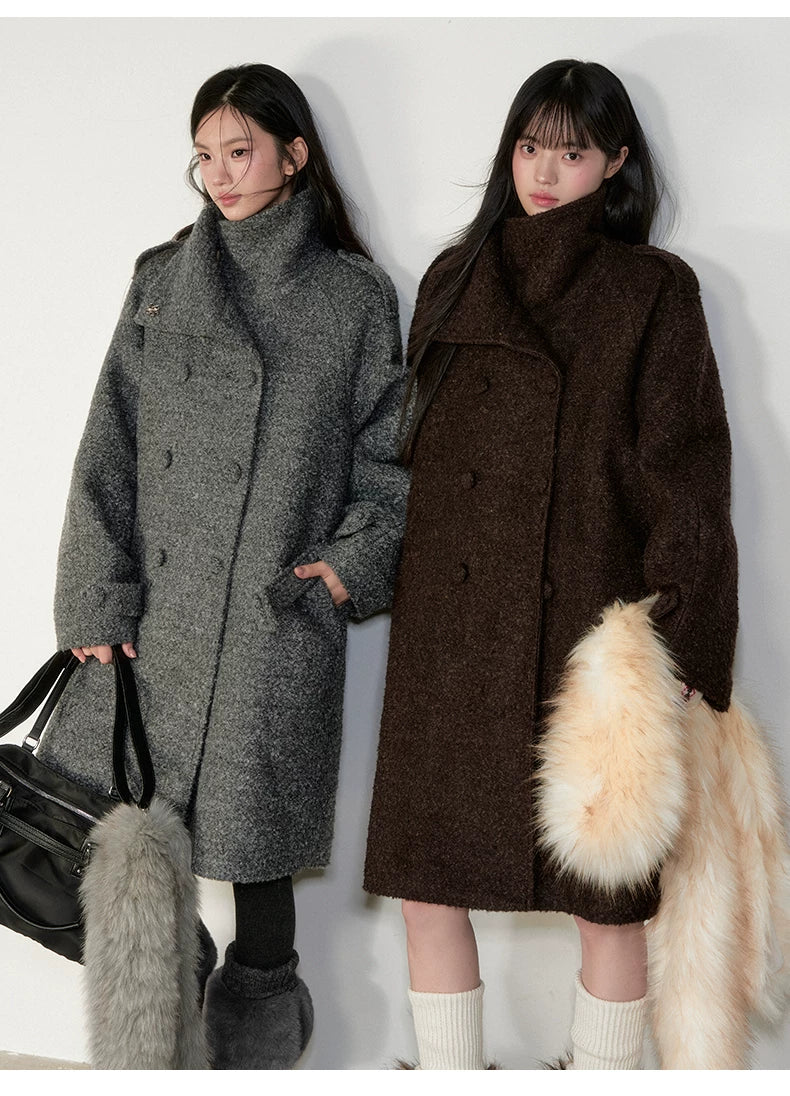 Stand-Collar Bouclé Wool Long Coat