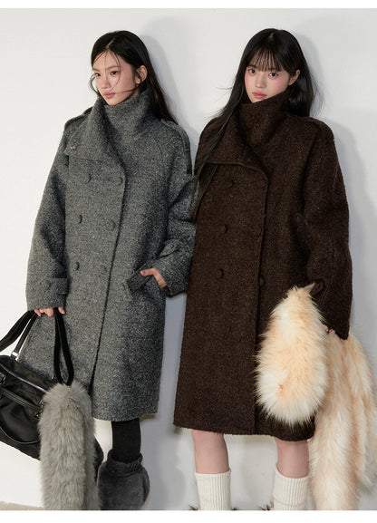 Stand-Collar Bouclé Wool Long Coat