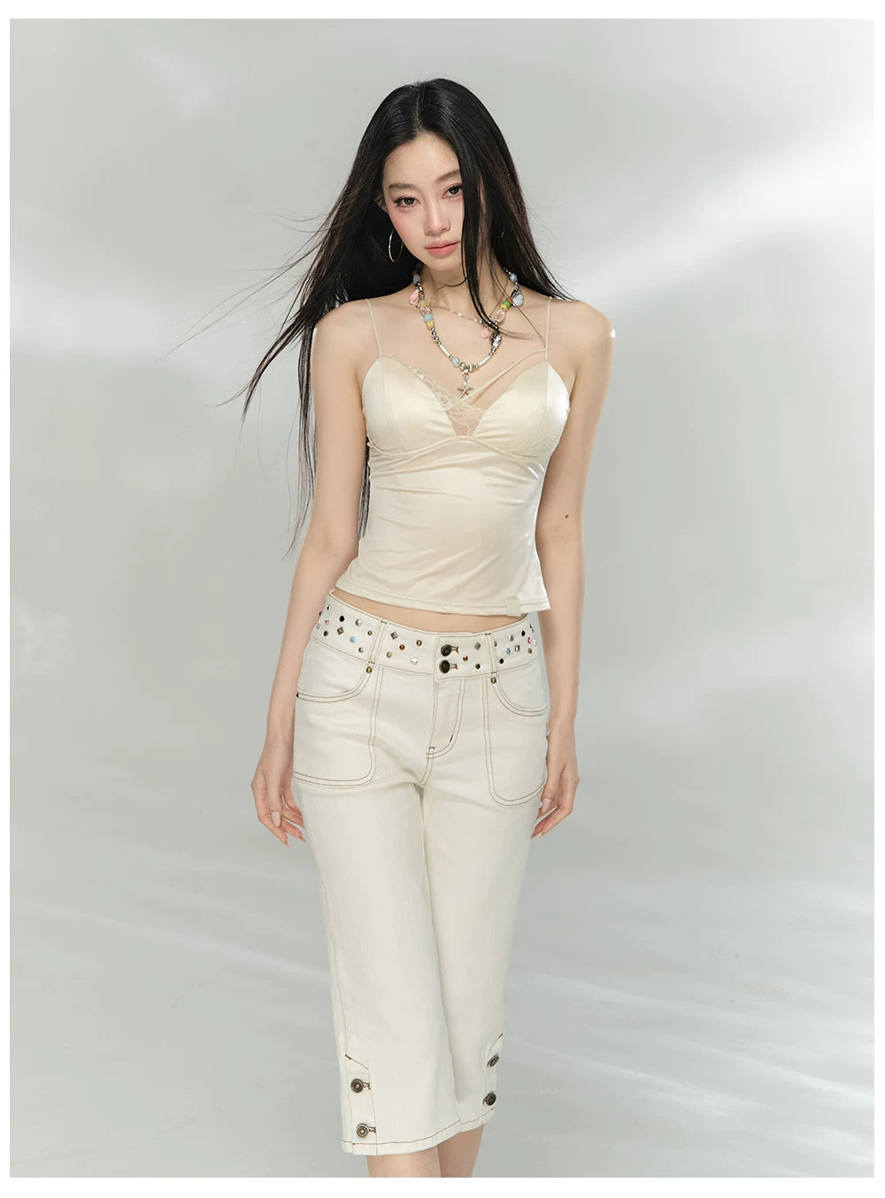 Studded Belt Cropped Denim Pants