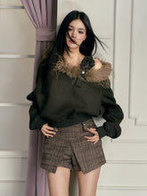 Olive Green Fur Collar Short Sweater - CHINASQUAD