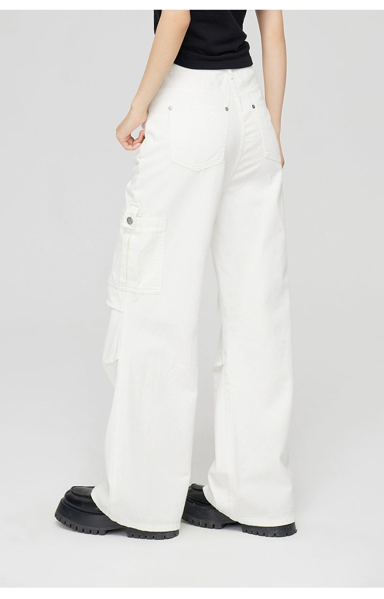 White Pleated Cargo Jeans - CHINASQUAD