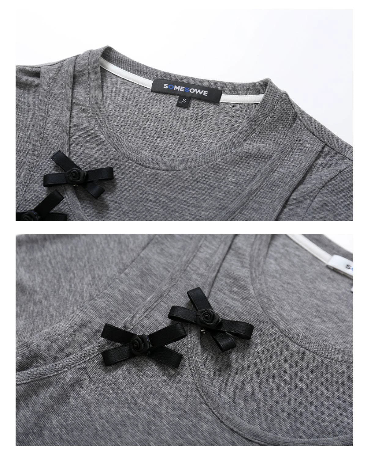 Gray &amp; White Bowknot 2-in-1 Knitted T-shirt - CHINASQUAD