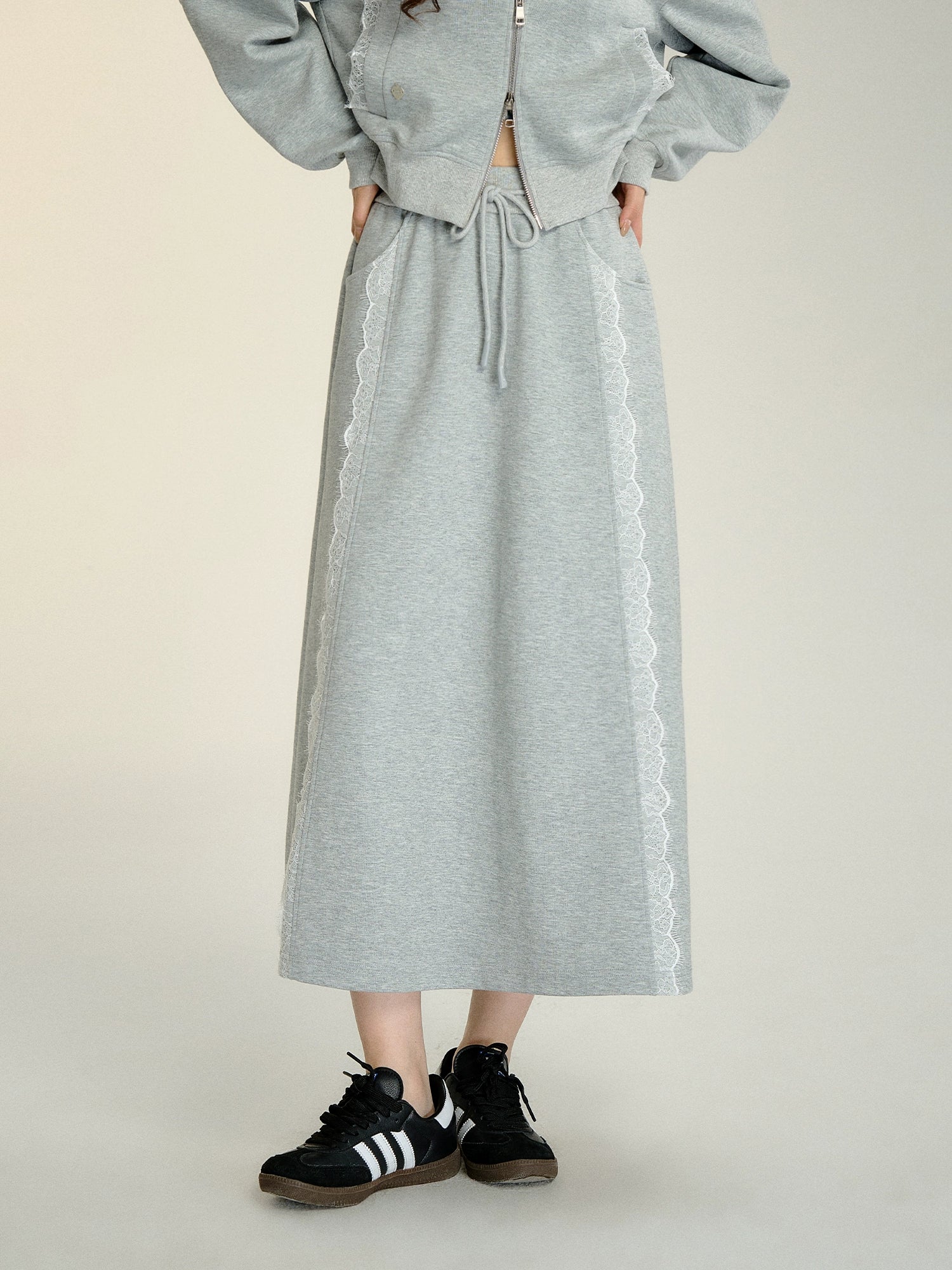 Lace Panel Hooded Sweatshirt &amp; Skirt