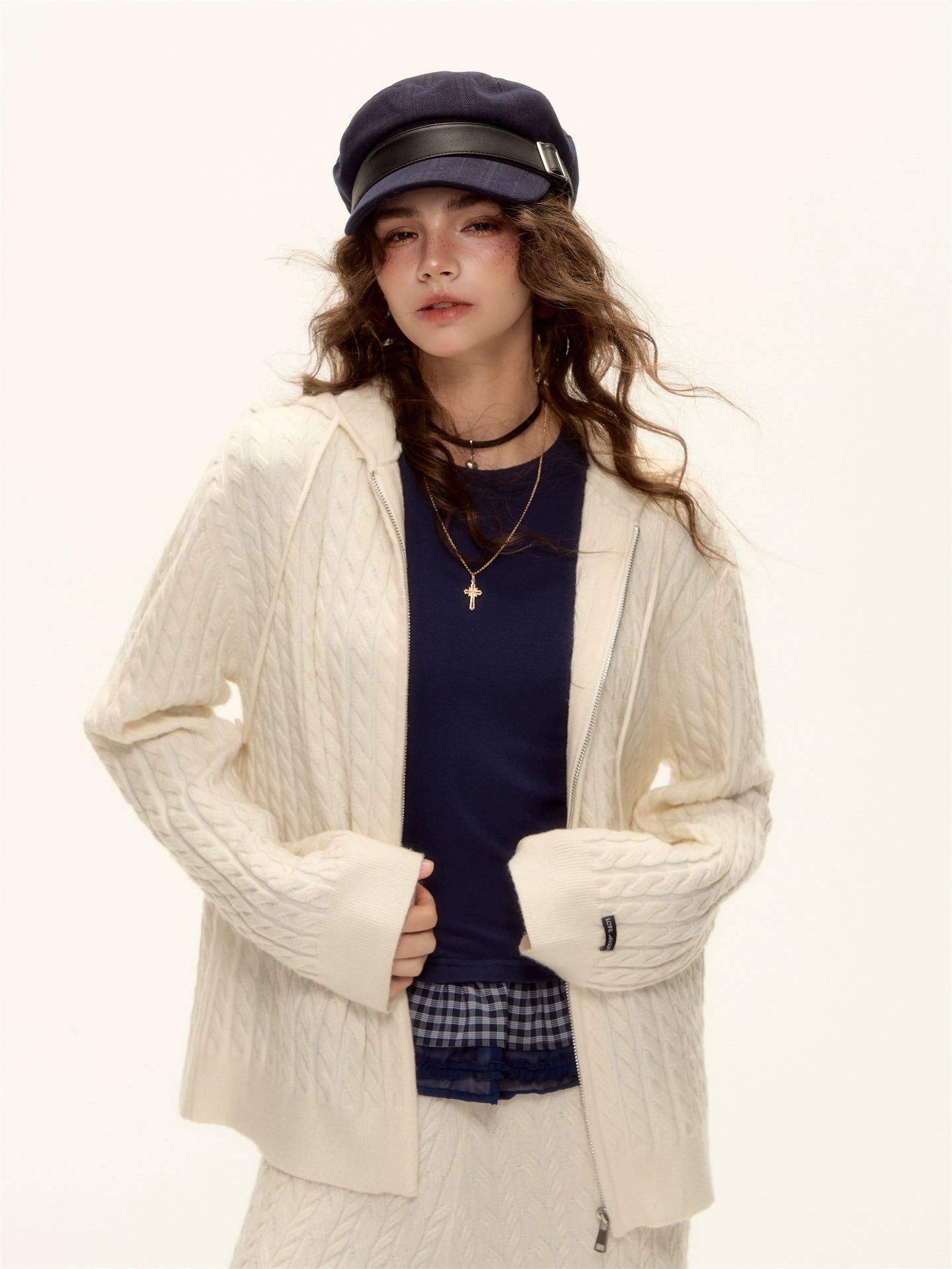 Wool Blend Cable Knit Zipped Hoodie &amp; Wide-Leg Pants Set