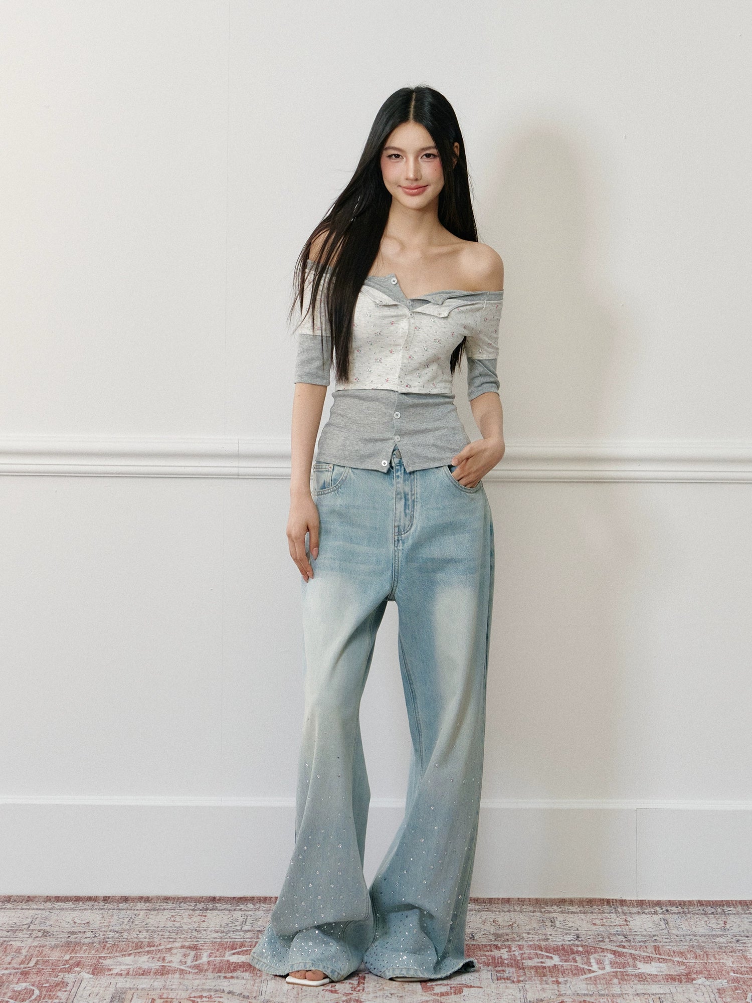 AAKAM ■ Rhinestone Washed Denim Pants デニム AGAM Light Washed Rhinestone Jeans – CHINASQUAD