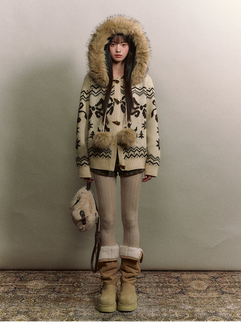 Fair Isle Fur Collar Toggle Buttons Knit Coat