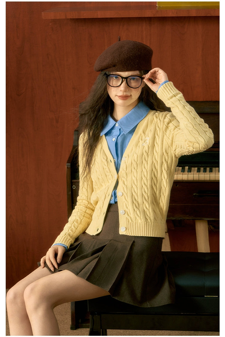 Yellow Twisted Texture Knitted Cardigan - CHINASQUAD