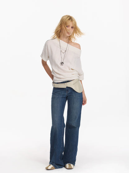 Diagonal Bat-Sleeve Knit Crewneck
