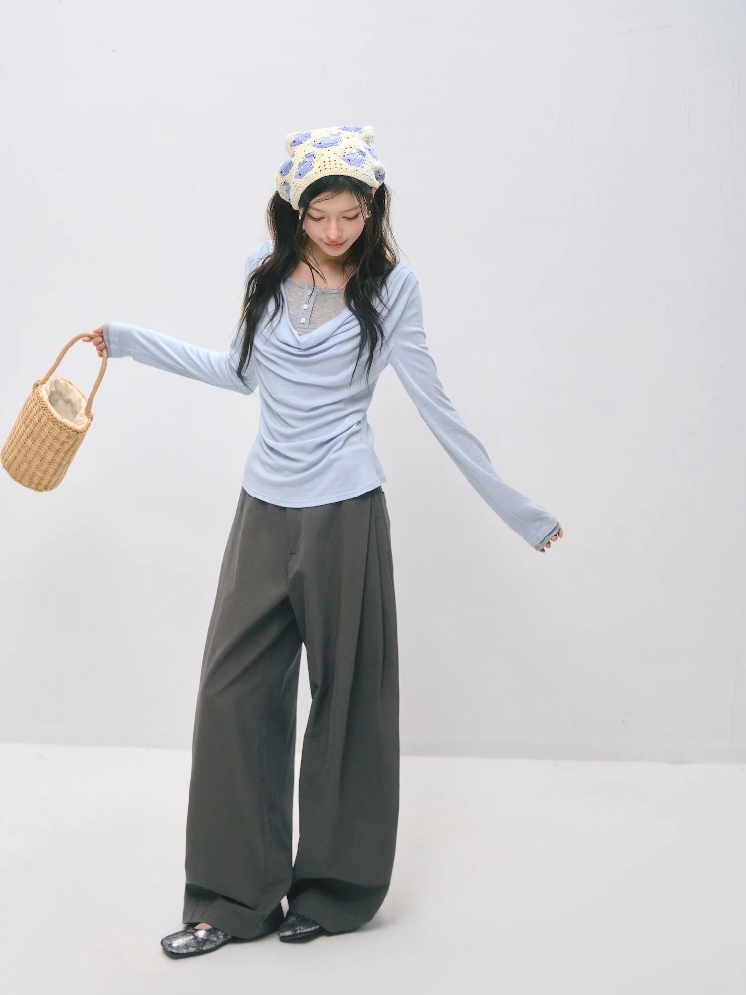 Asymmetric Pleated Curved Wide-Leg Trousers