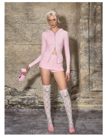 Knit Hoodie Jacket &amp; Skirt-Shorts Set