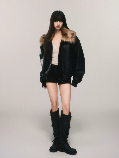 Faux Fur Collar Padded PU Biker Jacket
