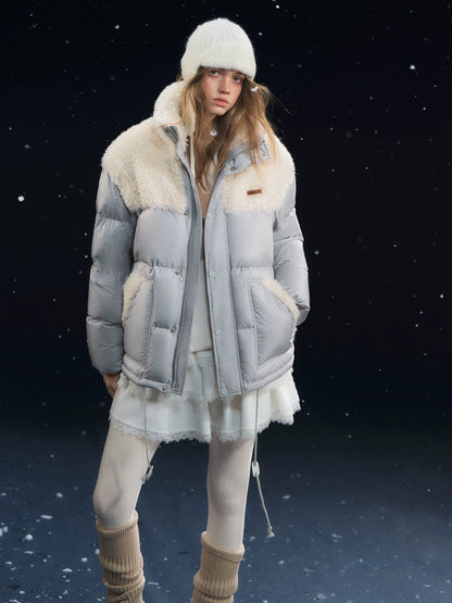 Shearling-Panel Stand-Collar Down Jacket