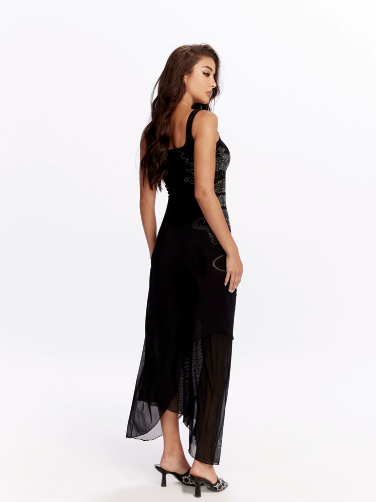 Noir Dragon Crystal Mesh Maxi Dress
