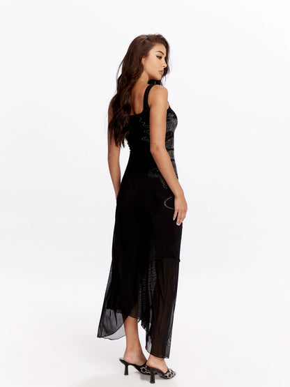 Noir Dragon Crystal Mesh Maxi Dress
