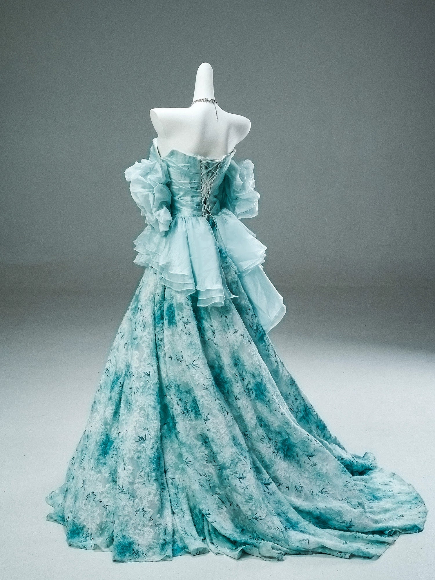 GULI Aqua Floral Tulle Gown with Ruffled Sleeves
