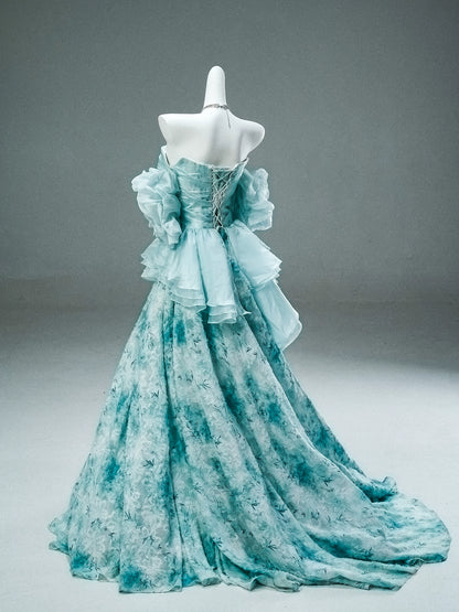 GULI Aqua Floral Tulle Gown with Ruffled Sleeves
