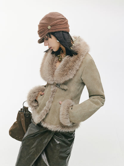 Vintage Asymmetric Shearling-Effect Suede Jacket