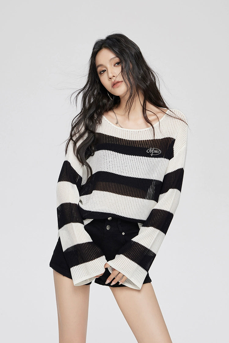 Black &amp; White Striped Round Neck Long-sleeve T-shirt