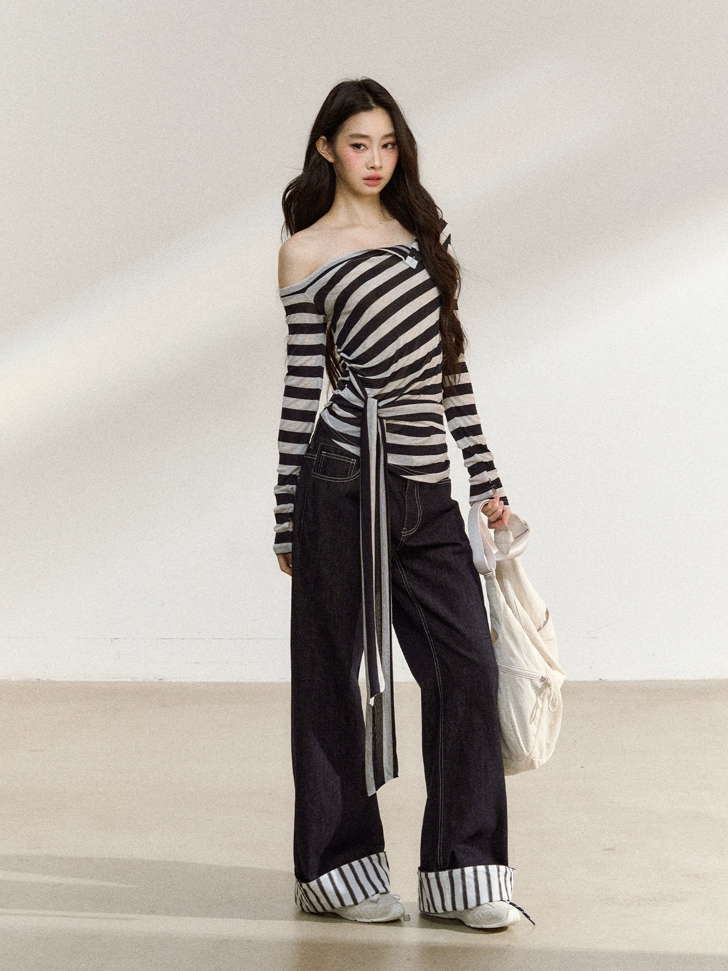 Asymmetric Stripe Off-Shoulder Tie Blouse