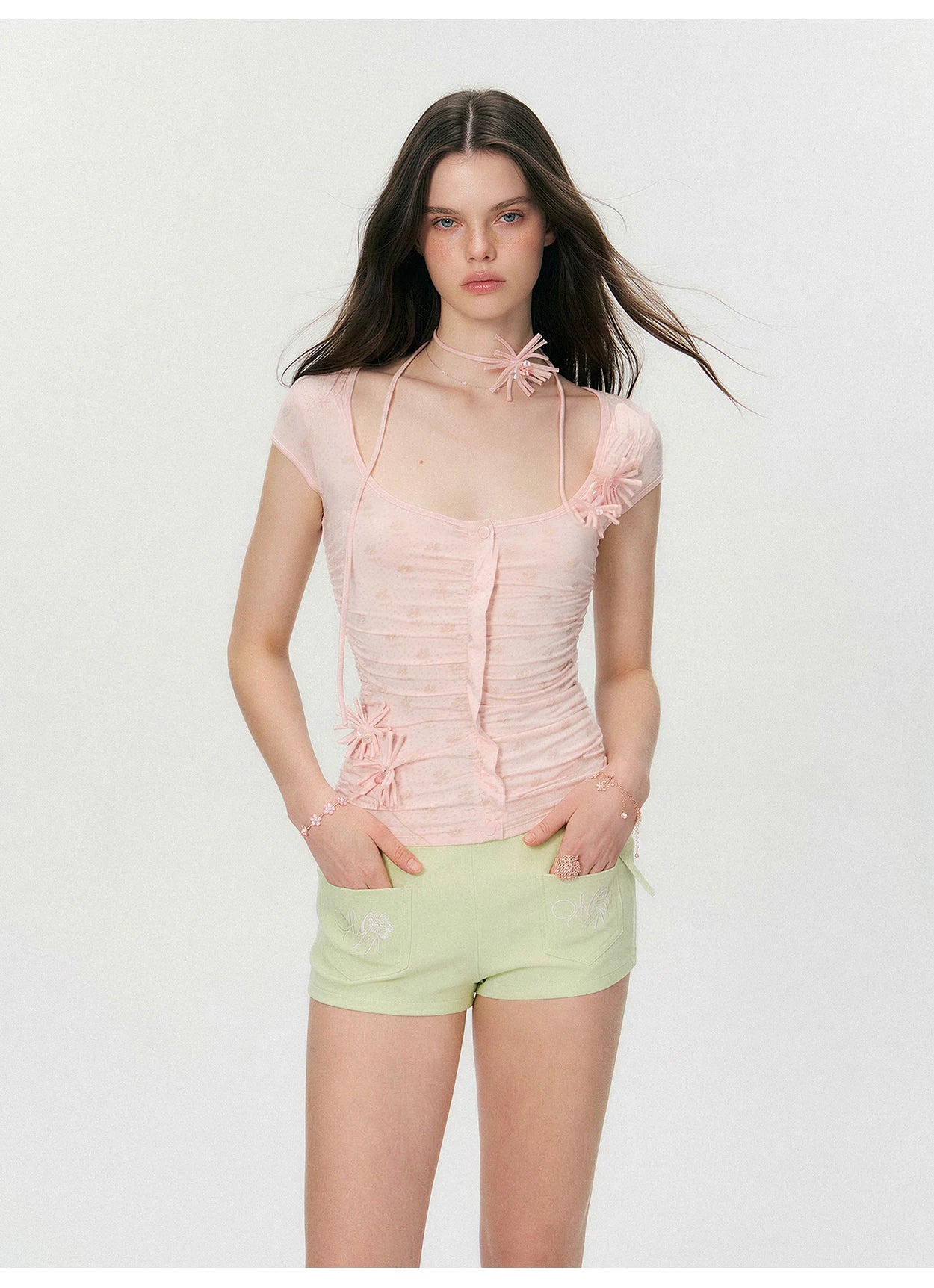 Vintage Handmade Floral Appliqué Ruched Slim-Fit T-Shirt