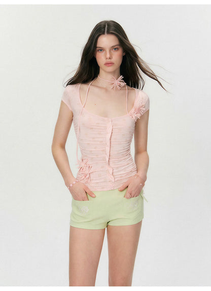 Vintage Handmade Floral Appliqué Ruched Slim-Fit T-Shirt