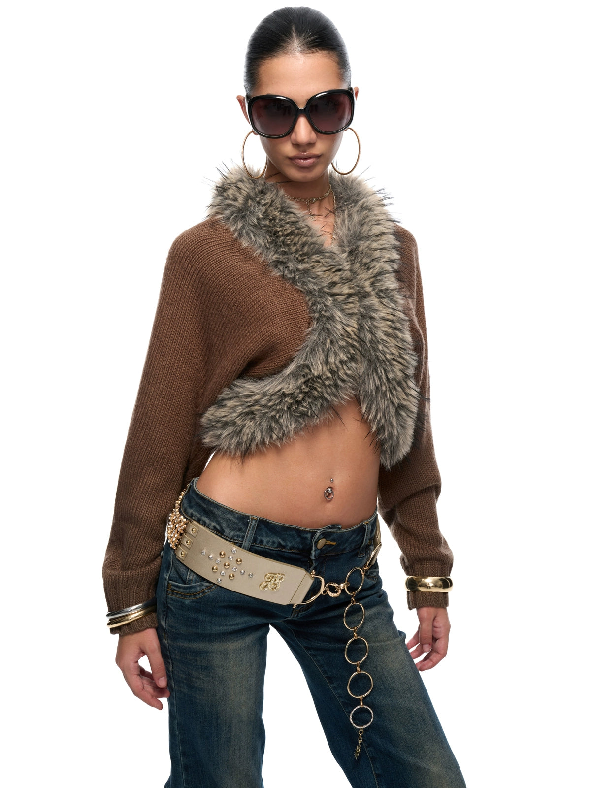 Ring-Detail Studded Woven PU Belt