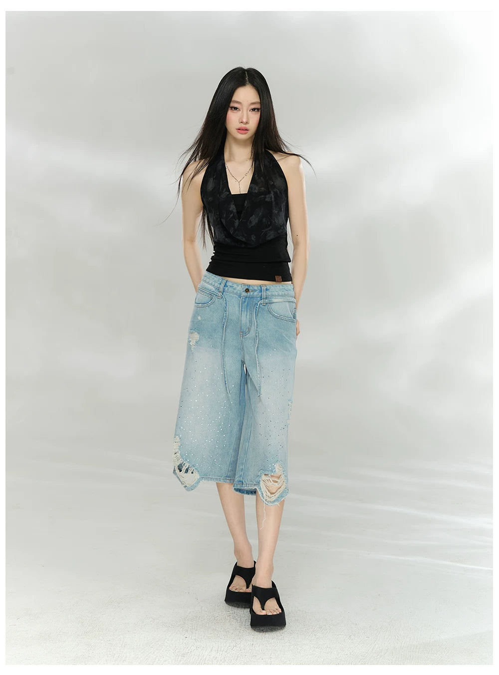 Crystal Distressed Cropped Straight-Leg Denim Jeans