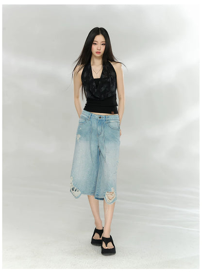 Crystal Distressed Cropped Straight-Leg Denim Jeans