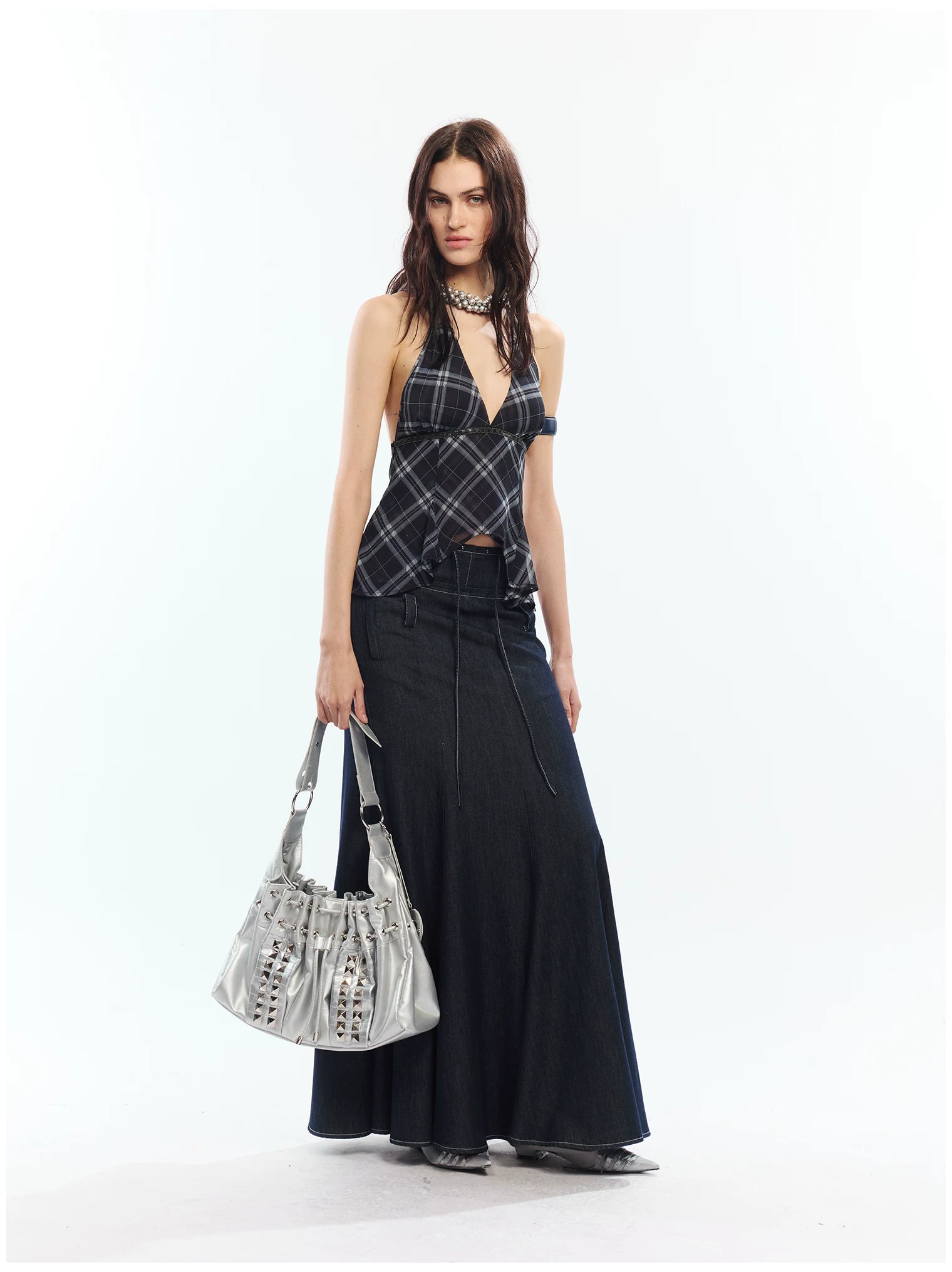 Lyocell Denim Rivet-Detail Fishtail Maxi Skirt