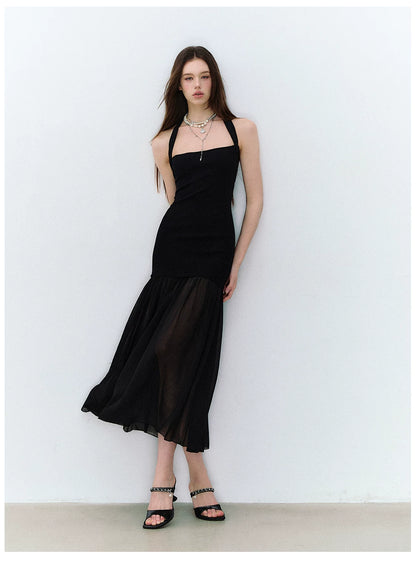 Dark Muse Spliced Mesh Halter Slim Long Dress