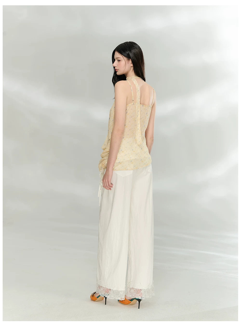 Asymmetric Ribbon Tie Sheer V-Neck Camisole