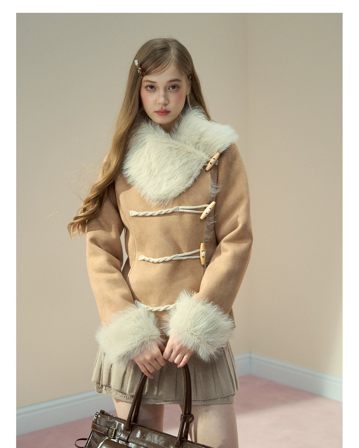Vintage Suede Faux Fur Toggle Coat