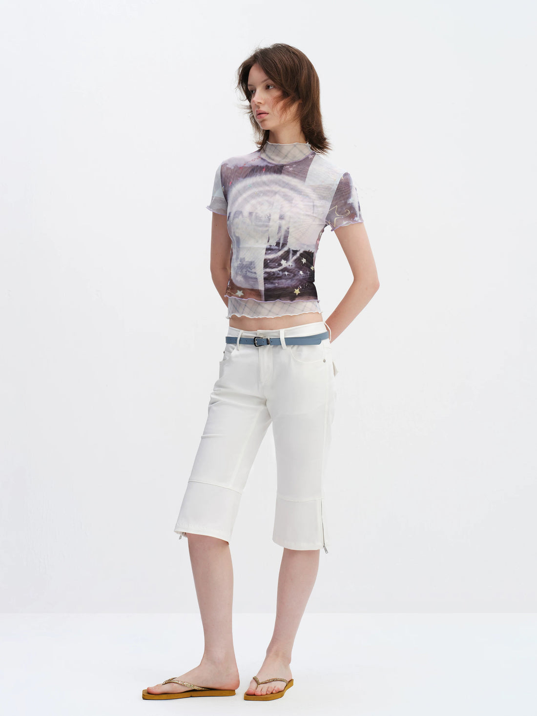 Magic Fountain Sheer Mesh Layered Slim-Fit T-Shirt