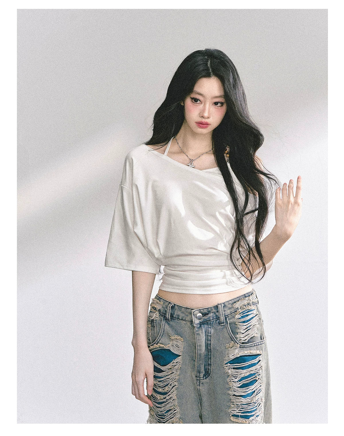 Asymmetric Short-Sleeve Halter Crop T-Shirt