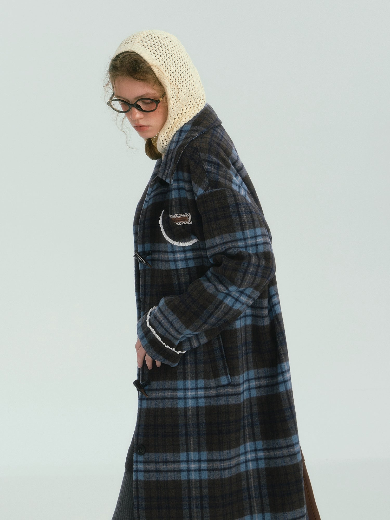 Contrast Plaid Long Woolen Coat