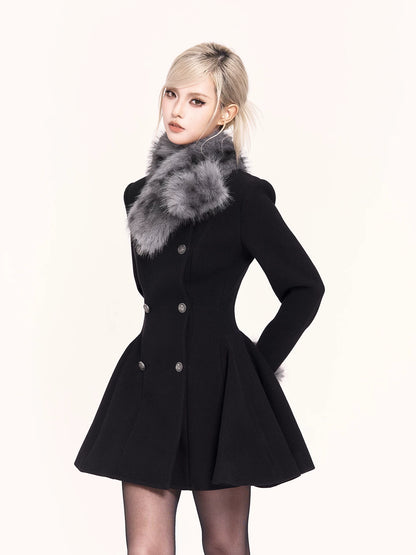 Fur-Collar Waist-Cinching Wool Coat Dress