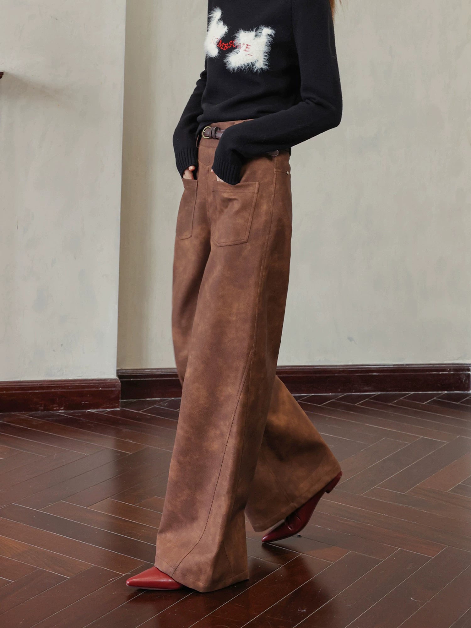 Brown Faux Leather Straight-Leg Pants - CHINASQUAD