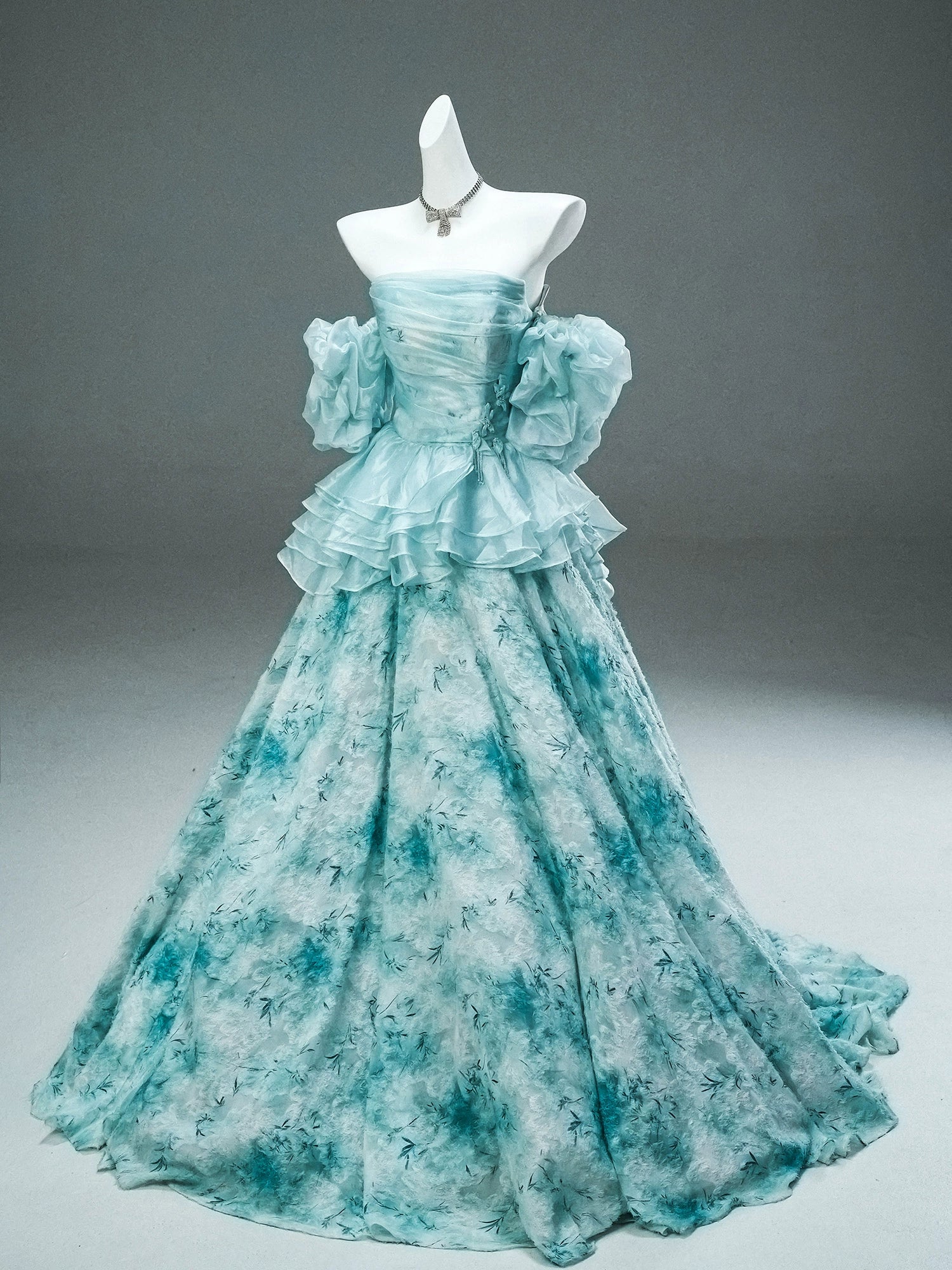 GULI Aqua Floral Tulle Gown with Ruffled Sleeves