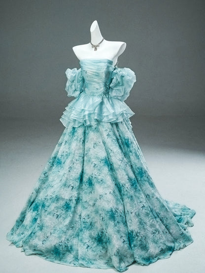 GULI Aqua Floral Tulle Gown with Ruffled Sleeves