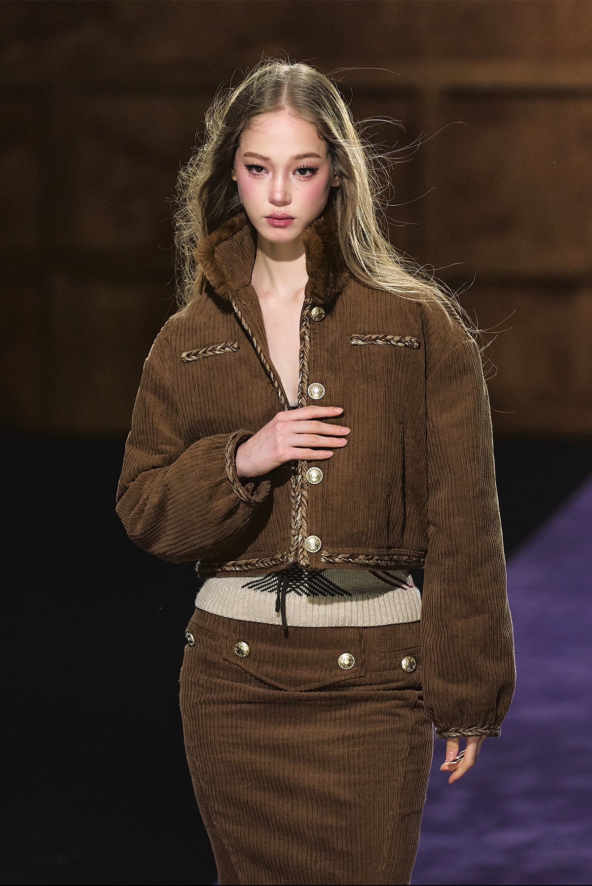 Corduroy Fur-Collar Jacket &amp; Skirt Set