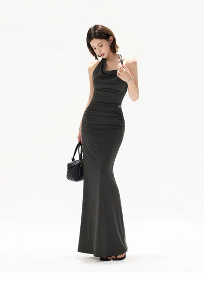 Elegant Draped Halter Knit Maxi Dress