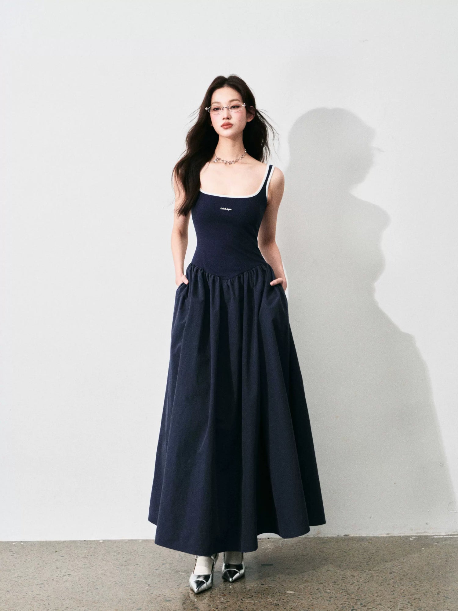 Contrast-Trim Backless Slip Maxi Dress