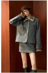 Gray Wool Velvet Jacket & Skirt Set - CHINASQUAD