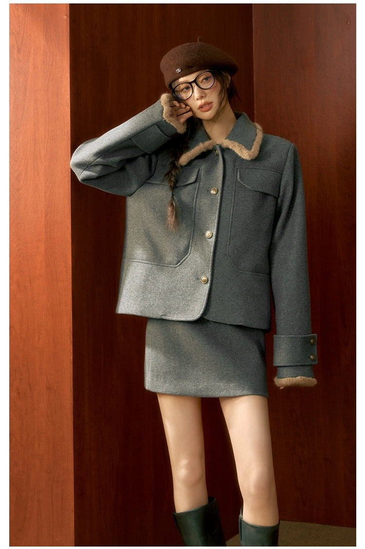 Gray Wool Velvet Jacket &amp; Skirt Set - CHINASQUAD