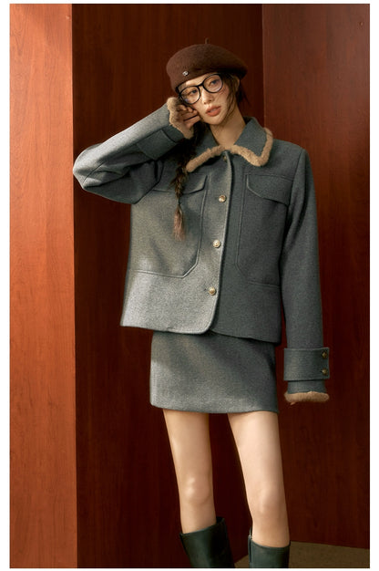 Gray Wool Velvet Jacket &amp; Skirt Set - CHINASQUAD