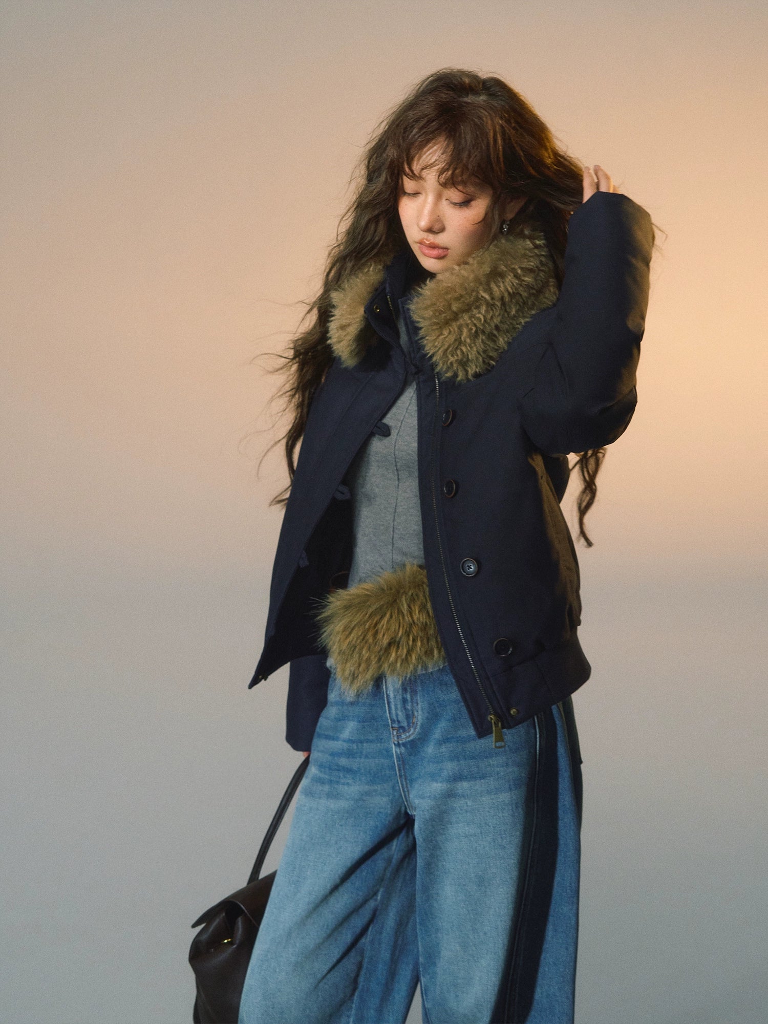 Detachable Fur-Collar Fitted Down Jacket
