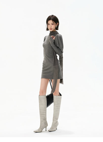 Minimalist Draped Turtleneck Knit Mini Dress with Tassel Ties
