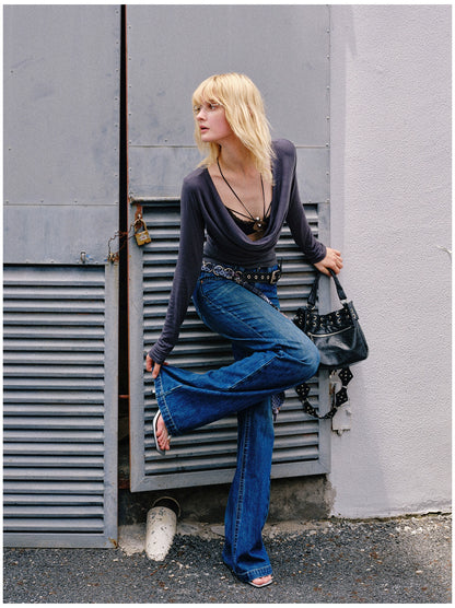 Washed Blue Embroidered Straight Jeans - CHINASQUAD