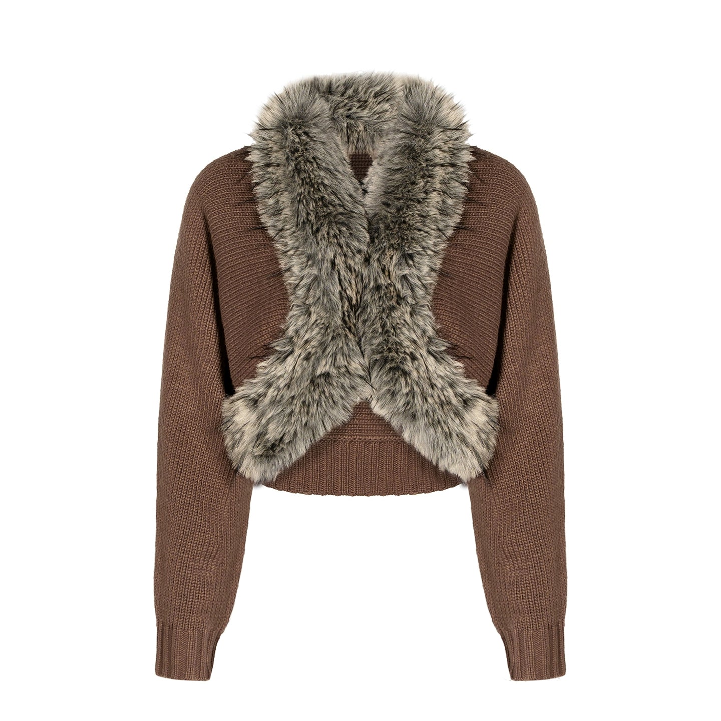 Faux-Fur Collar Cropped Knit Cardigan